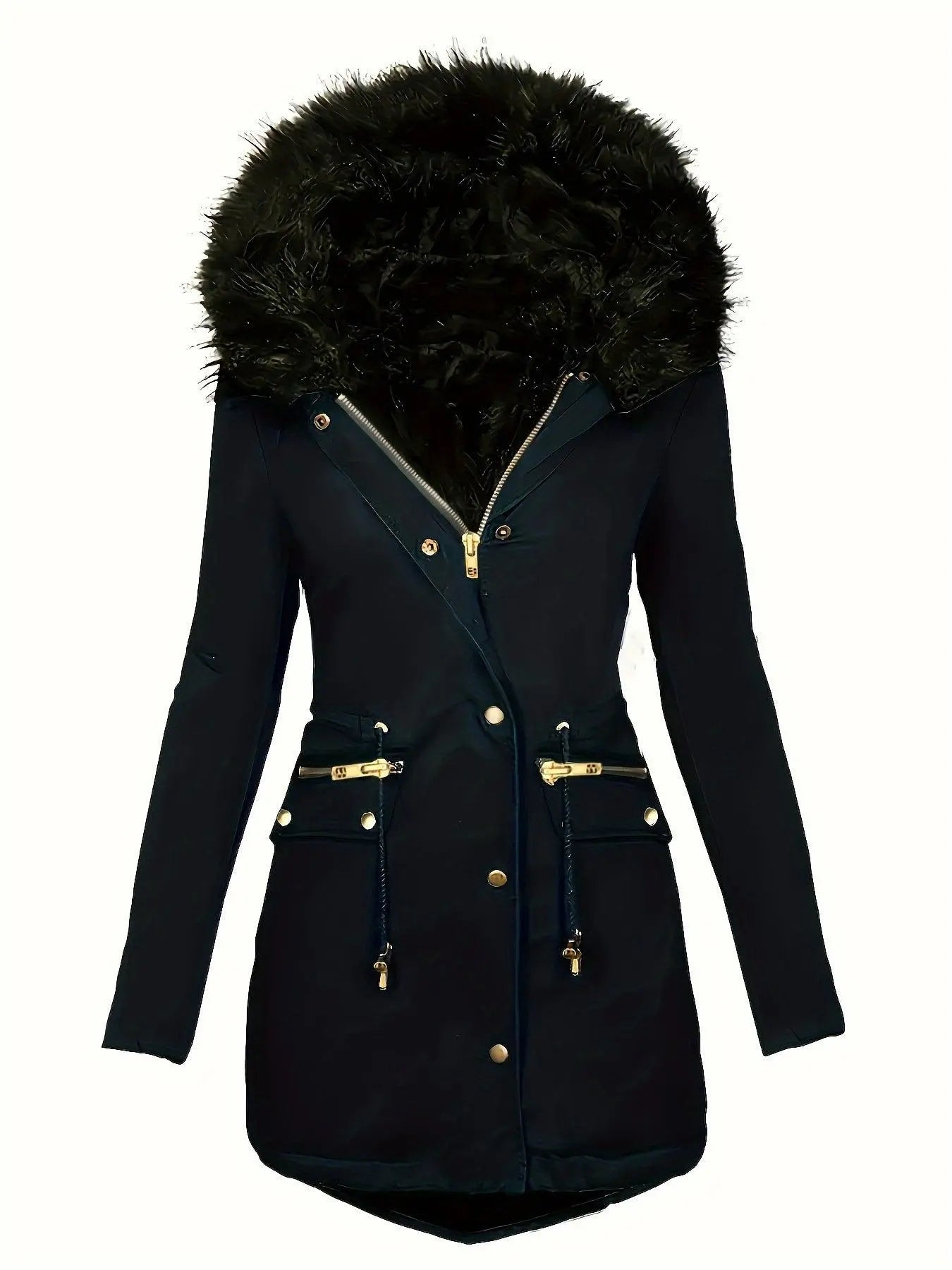Zip-up Button Front Parka Coat, Thermal Long Sleeve Faux Fur Trim Hooded Drawstring Winter Coat, Women's Clothing - SS69
