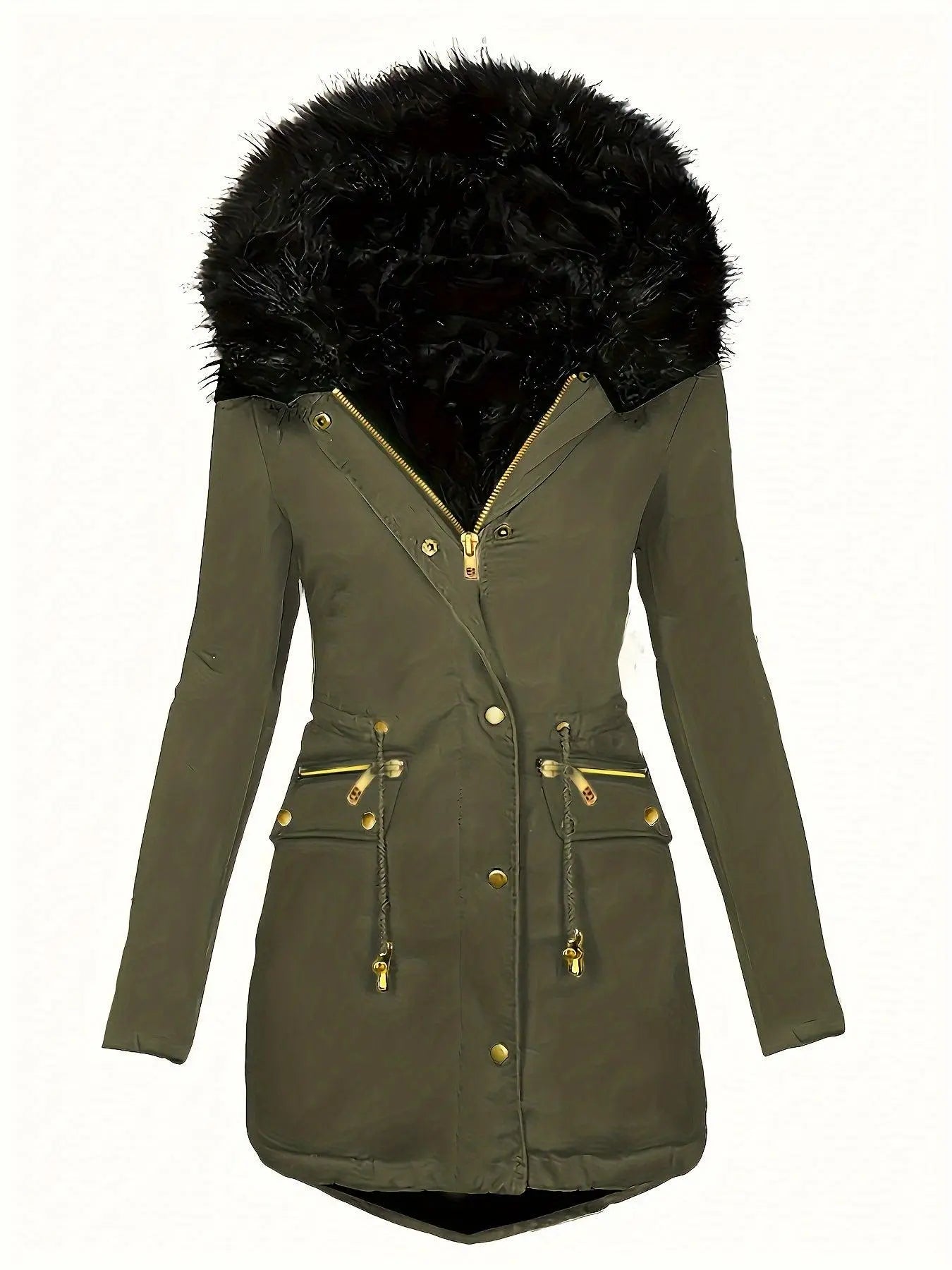 Zip-up Button Front Parka Coat, Thermal Long Sleeve Faux Fur Trim Hooded Drawstring Winter Coat, Women's Clothing - SS69