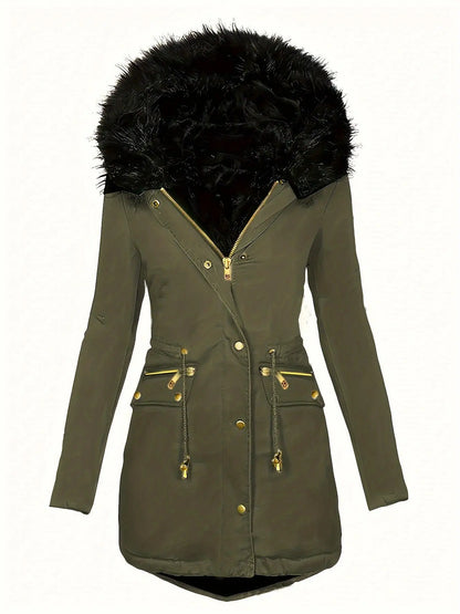 Zip-up Button Front Parka Coat, Thermal Long Sleeve Faux Fur Trim Hooded Drawstring Winter Coat, Women's Clothing - SS69