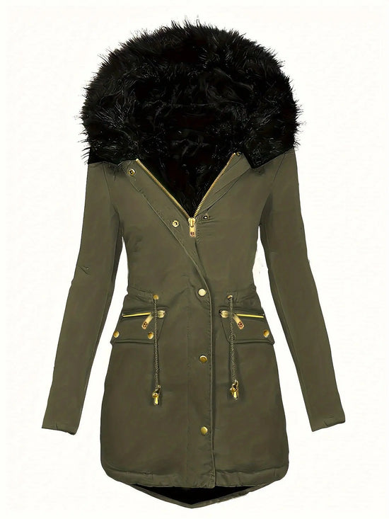 Zip-up Button Front Parka Coat, Thermal Long Sleeve Faux Fur Trim Hooded Drawstring Winter Coat, Women's Clothing - SS69