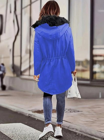 Zip-up Button Front Parka Coat, Thermal Long Sleeve Faux Fur Trim Hooded Drawstring Winter Coat, Women's Clothing - SS69