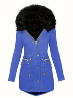 Zip-up Button Front Parka Coat, Thermal Long Sleeve Faux Fur Trim Hooded Drawstring Winter Coat, Women's Clothing - SS69