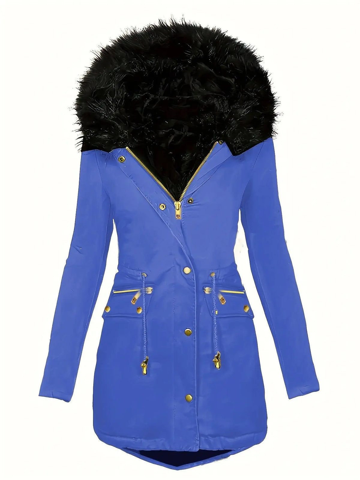 Zip-up Button Front Parka Coat, Thermal Long Sleeve Faux Fur Trim Hooded Drawstring Winter Coat, Women's Clothing - SS69