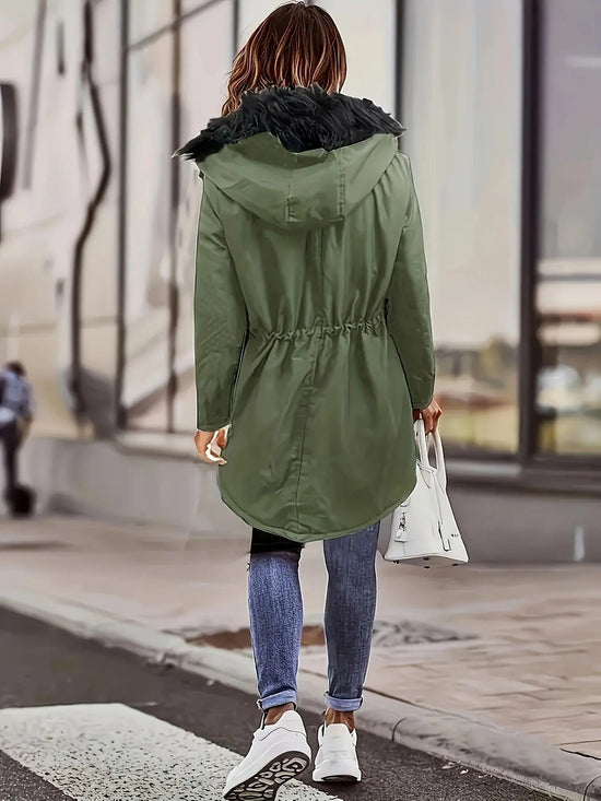 Zip-up Button Front Parka Coat, Thermal Long Sleeve Faux Fur Trim Hooded Drawstring Winter Coat, Women's Clothing - SS69