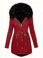 Zip-up Button Front Parka Coat, Thermal Long Sleeve Faux Fur Trim Hooded Drawstring Winter Coat, Women's Clothing - SS69