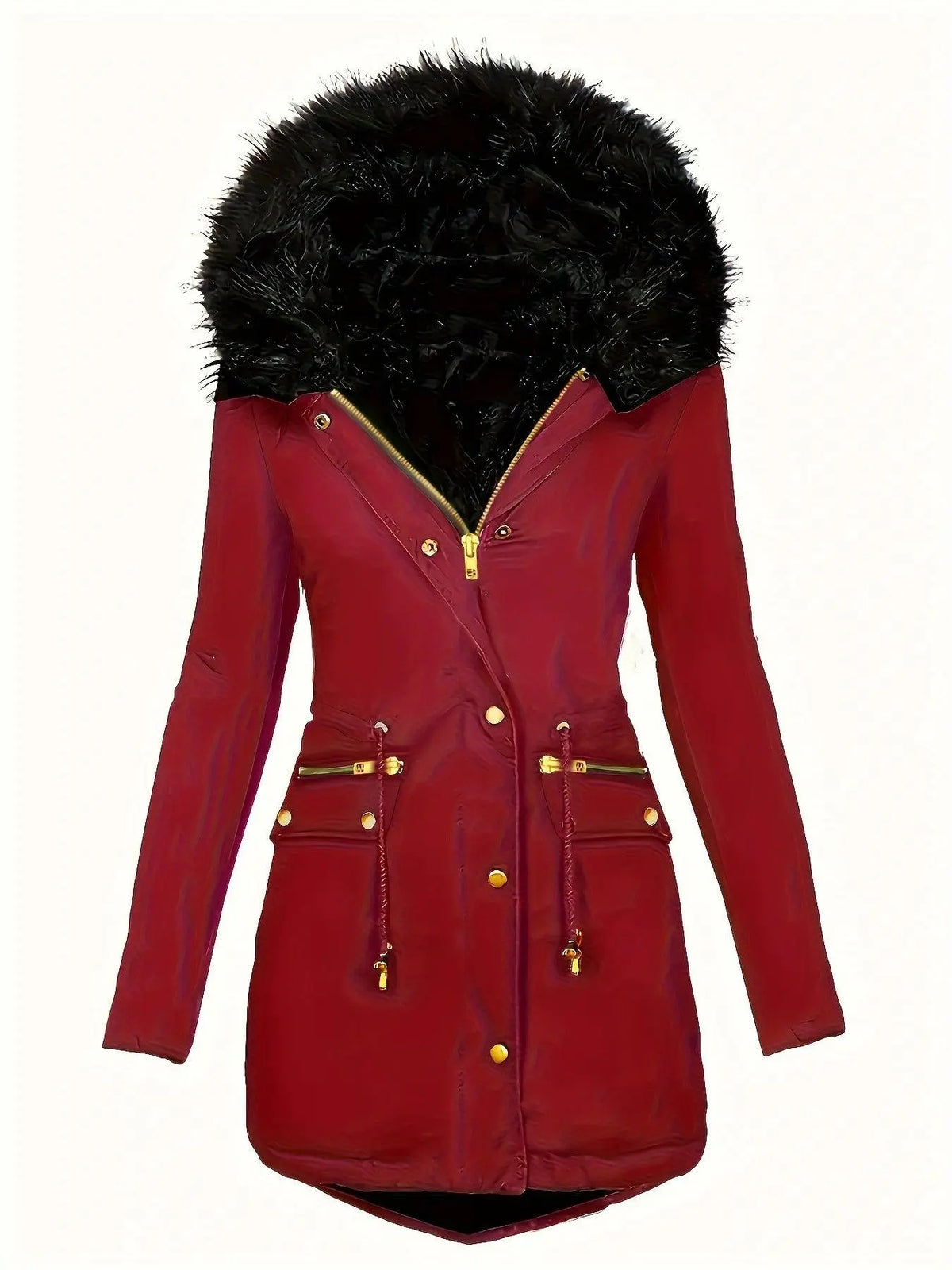 Zip-up Button Front Parka Coat, Thermal Long Sleeve Faux Fur Trim Hooded Drawstring Winter Coat, Women's Clothing - SS69