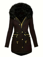 Zip-up Button Front Parka Coat, Thermal Long Sleeve Faux Fur Trim Hooded Drawstring Winter Coat, Women's Clothing - SS69