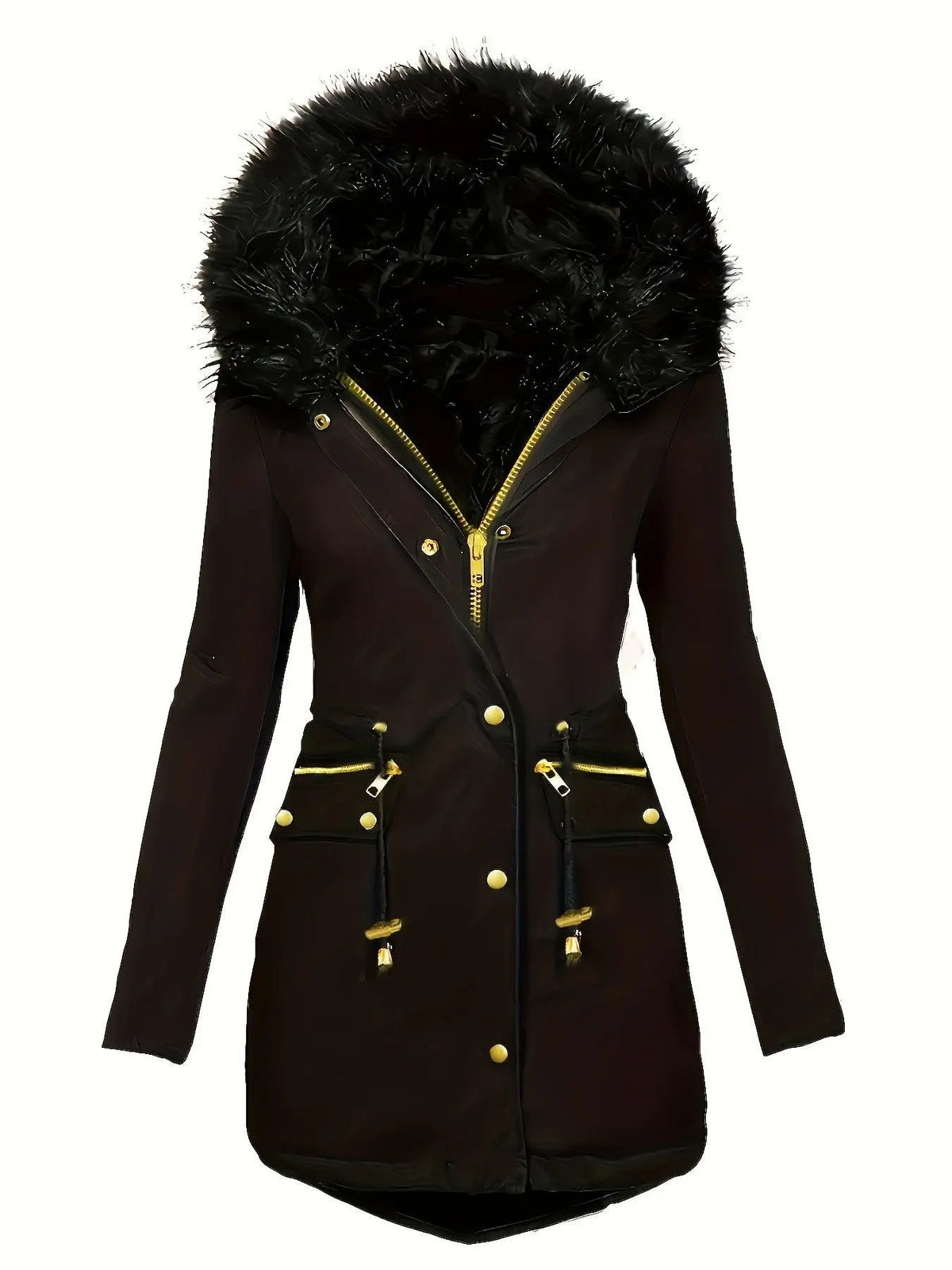 Zip-up Button Front Parka Coat, Thermal Long Sleeve Faux Fur Trim Hooded Drawstring Winter Coat, Women's Clothing - SS69