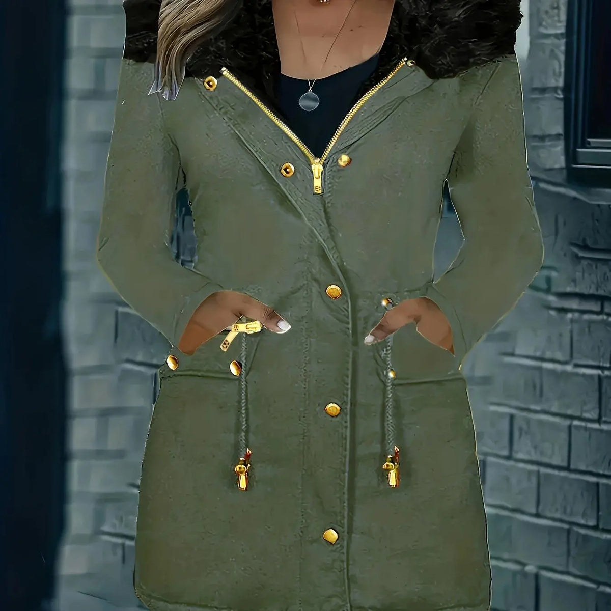 Zip-up Button Front Parka Coat, Thermal Long Sleeve Faux Fur Trim Hooded Drawstring Winter Coat, Women's Clothing - SS69