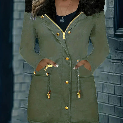 Zip-up Button Front Parka Coat, Thermal Long Sleeve Faux Fur Trim Hooded Drawstring Winter Coat, Women's Clothing - SS69