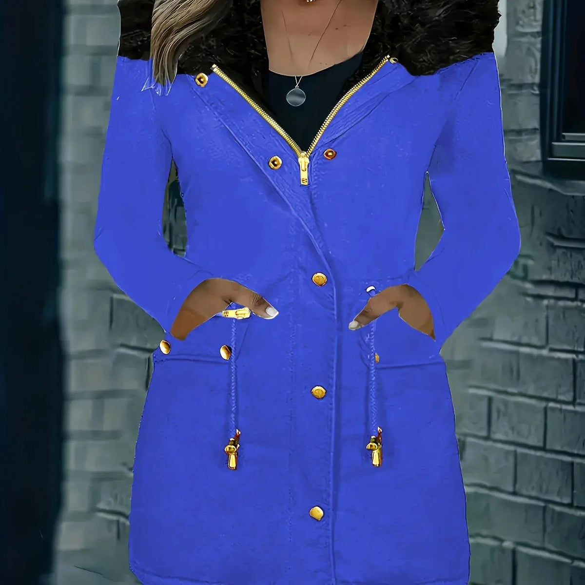 Zip-up Button Front Parka Coat, Thermal Long Sleeve Faux Fur Trim Hooded Drawstring Winter Coat, Women's Clothing - SS69