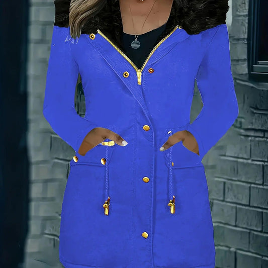 Zip-up Button Front Parka Coat, Thermal Long Sleeve Faux Fur Trim Hooded Drawstring Winter Coat, Women's Clothing - SS69