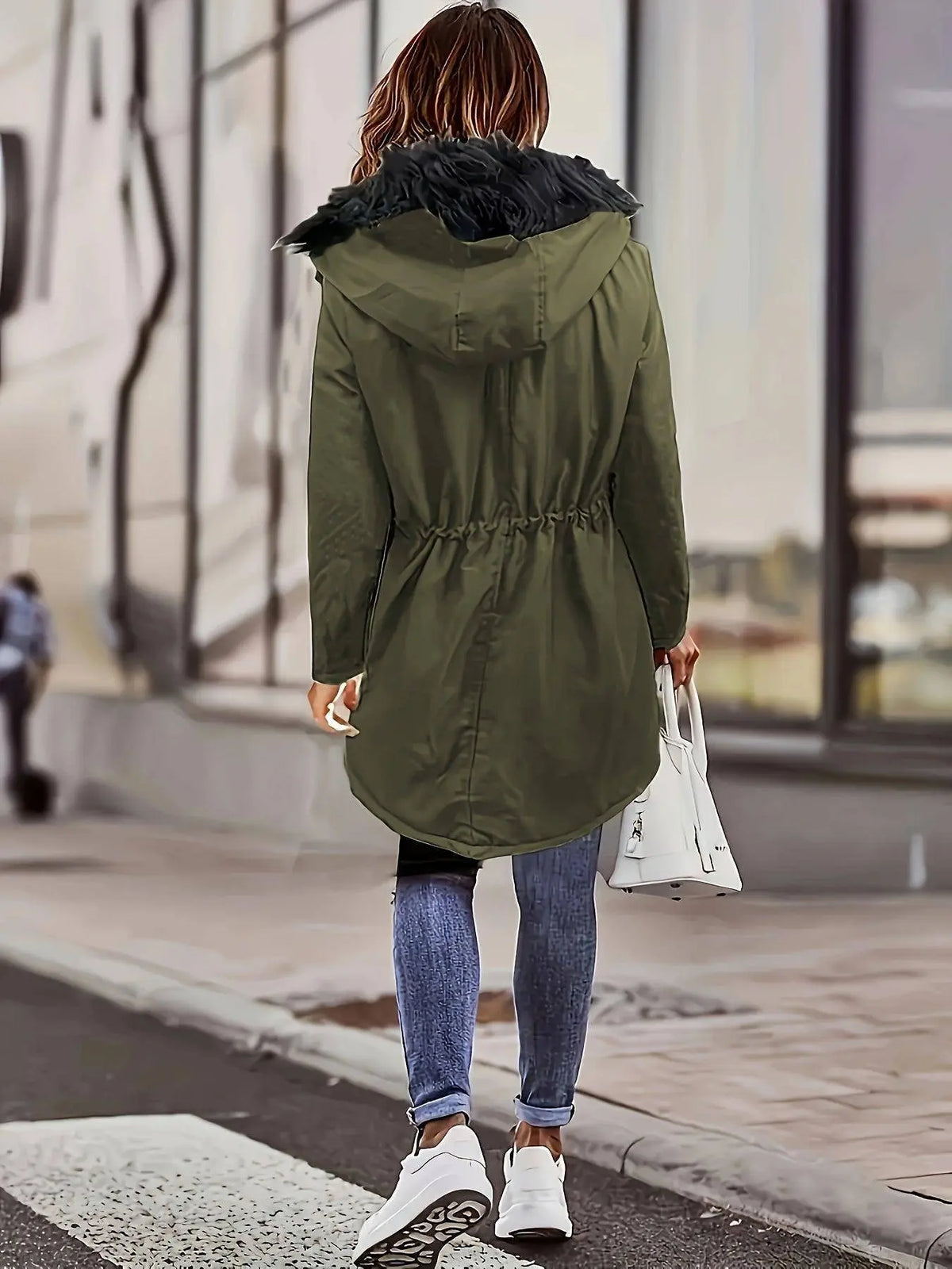 Zip-up Button Front Parka Coat, Thermal Long Sleeve Faux Fur Trim Hooded Drawstring Winter Coat, Women's Clothing SS69