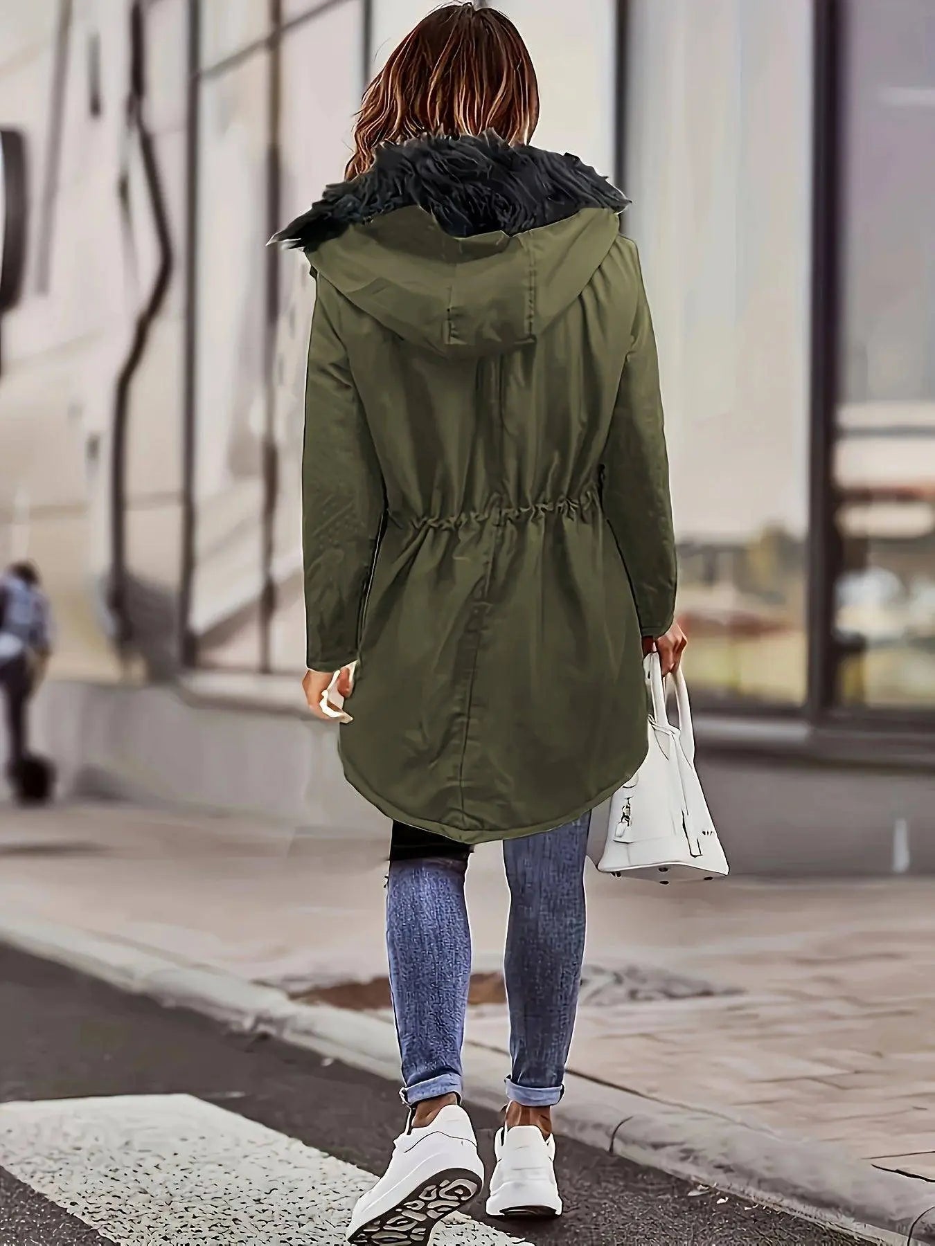 Zip-up Button Front Parka Coat, Thermal Long Sleeve Faux Fur Trim Hooded Drawstring Winter Coat, Women's Clothing SS69