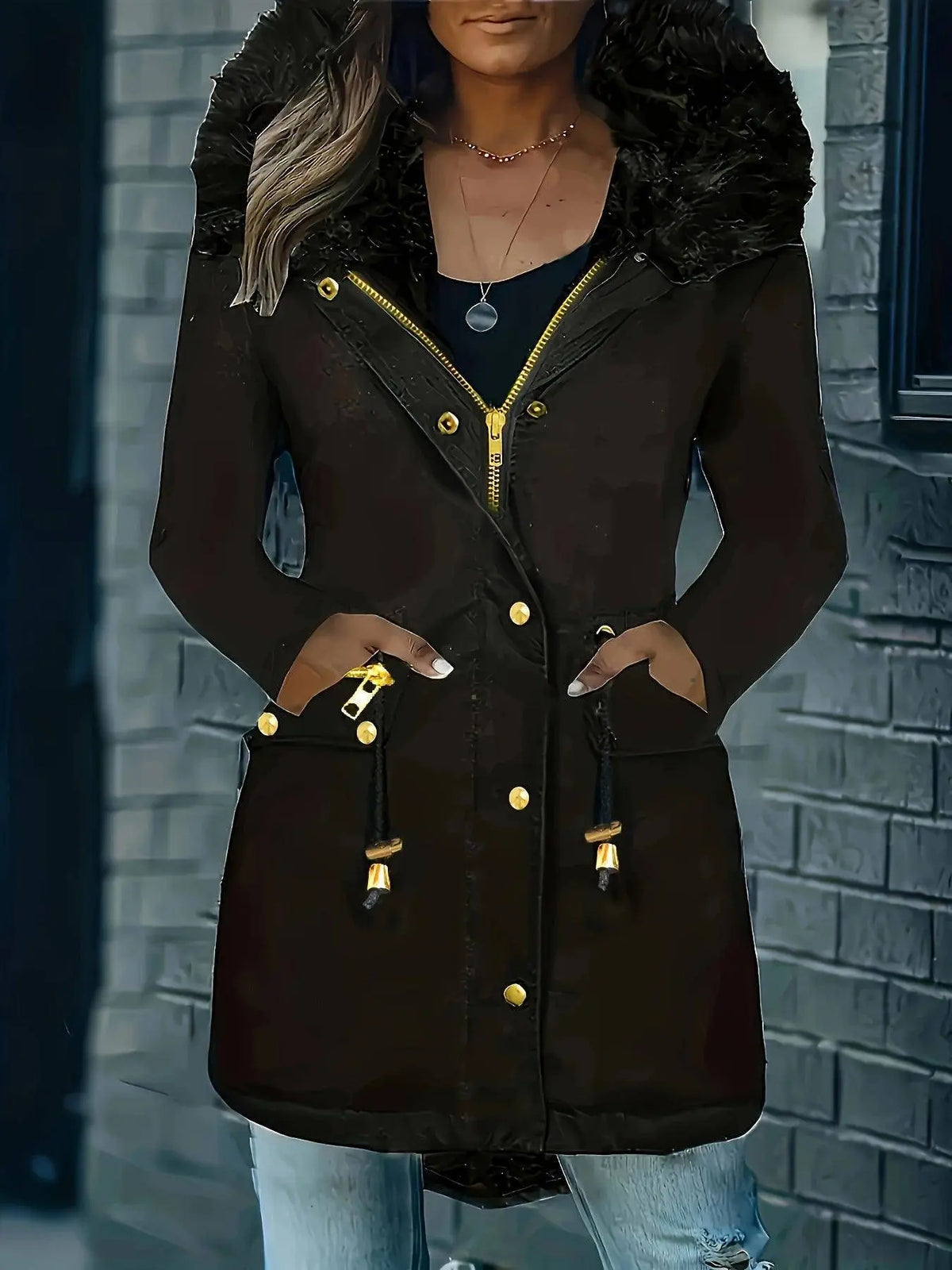 Zip-up Button Front Parka Coat, Thermal Long Sleeve Faux Fur Trim Hooded Drawstring Winter Coat, Women's Clothing SS69