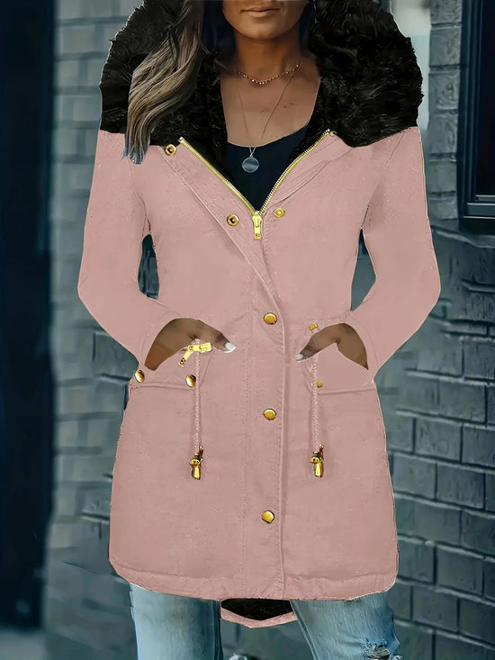 Zip-up Button Front Parka Coat, Thermal Long Sleeve Faux Fur Trim Hooded Drawstring Winter Coat, Women's Clothing SS69