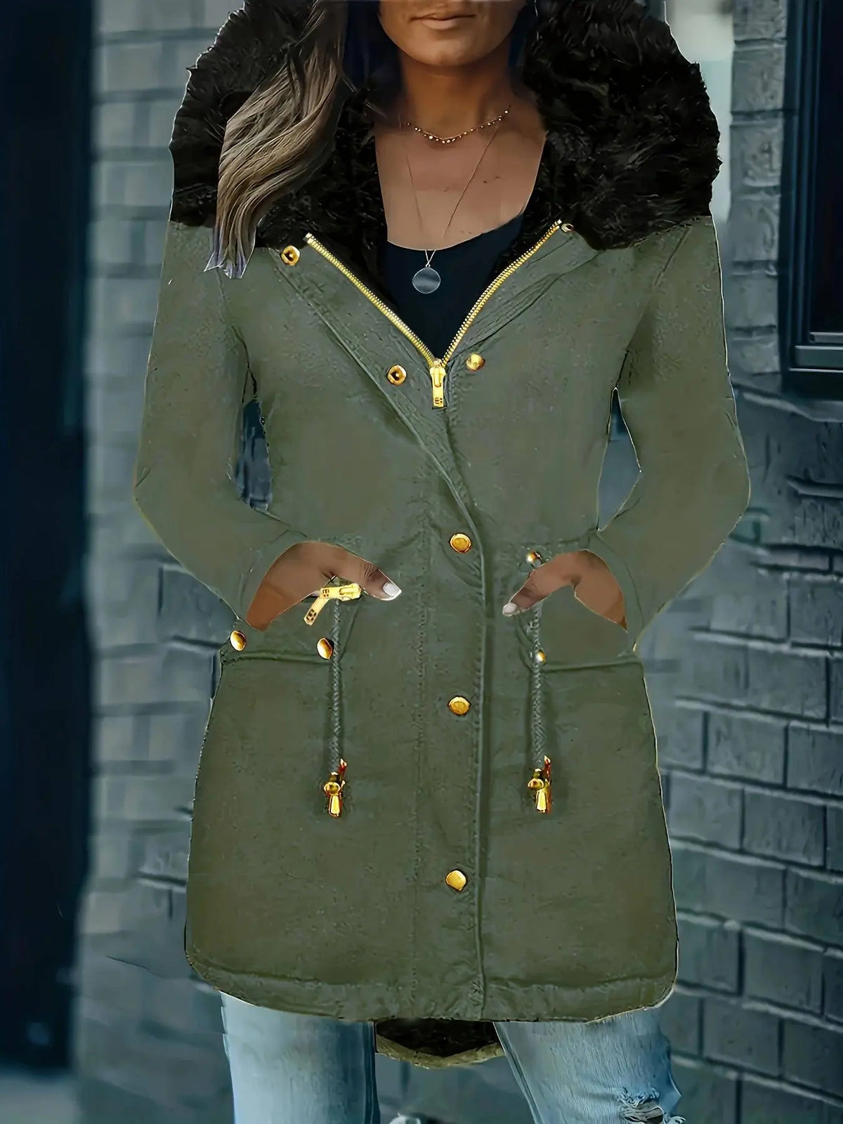 Zip-up Button Front Parka Coat, Thermal Long Sleeve Faux Fur Trim Hooded Drawstring Winter Coat, Women's Clothing SS69