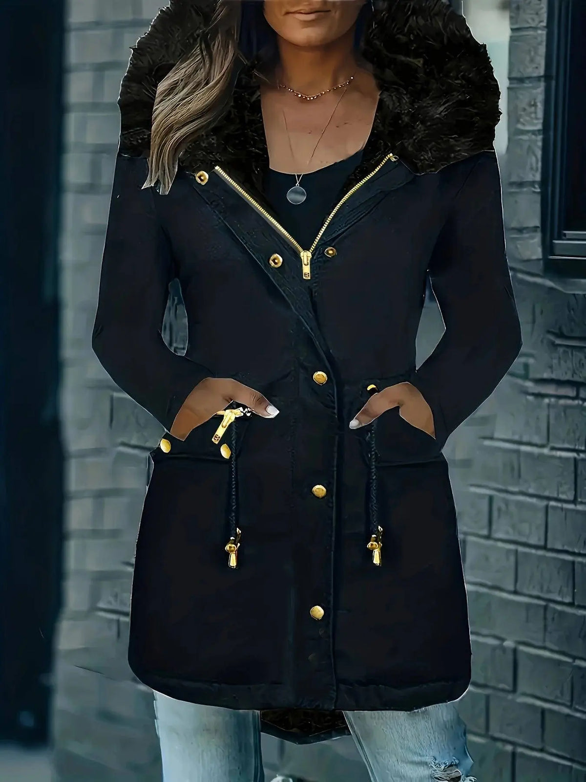 Zip-up Button Front Parka Coat, Thermal Long Sleeve Faux Fur Trim Hooded Drawstring Winter Coat, Women's Clothing SS69