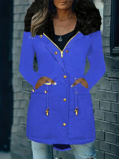 Zip-up Button Front Parka Coat, Thermal Long Sleeve Faux Fur Trim Hooded Drawstring Winter Coat, Women's Clothing SS69