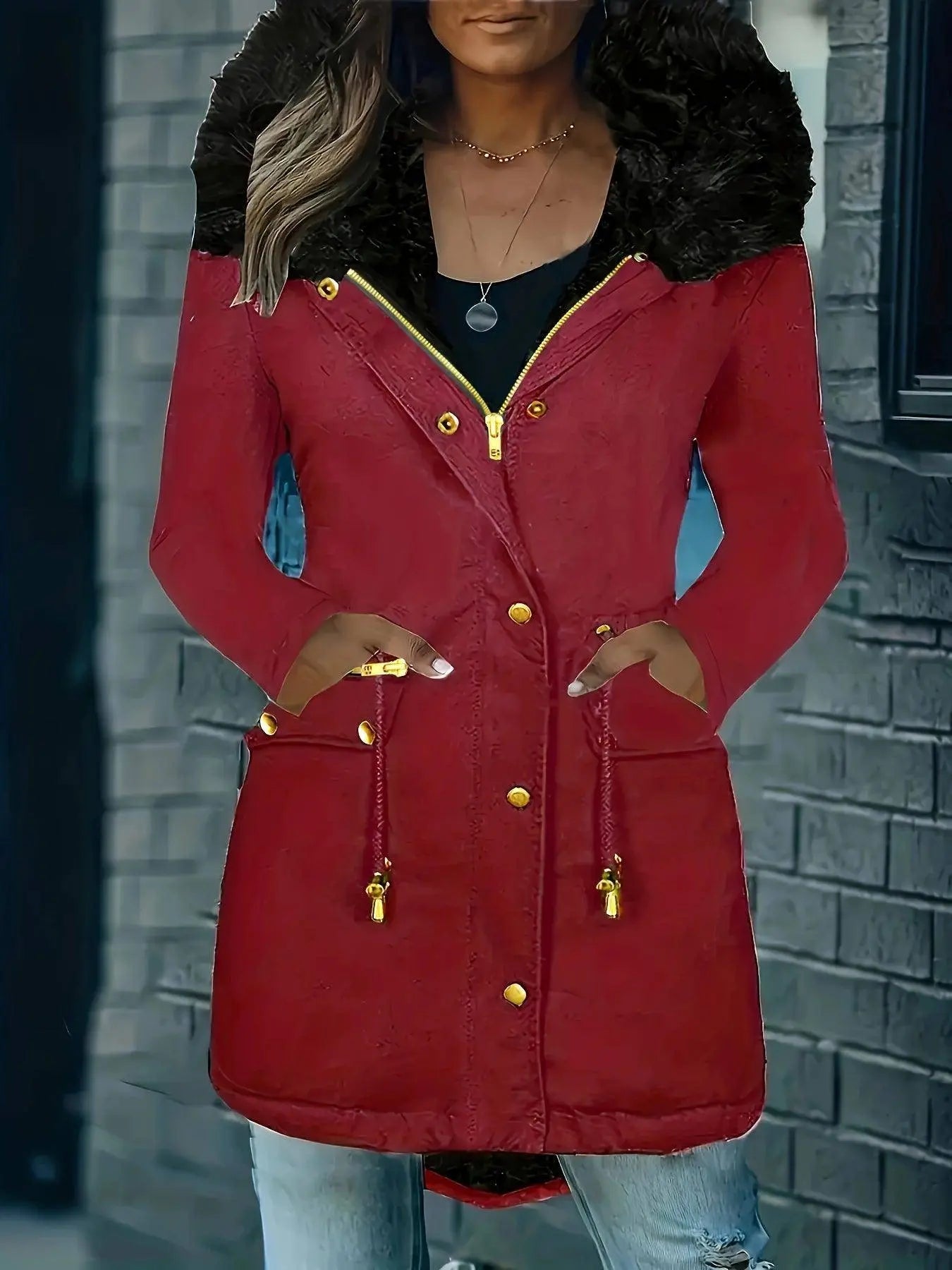 Zip-up Button Front Parka Coat, Thermal Long Sleeve Faux Fur Trim Hooded Drawstring Winter Coat, Women's Clothing SS69