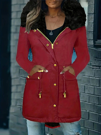 Zip-up Button Front Parka Coat, Thermal Long Sleeve Faux Fur Trim Hooded Drawstring Winter Coat, Women's Clothing SS69