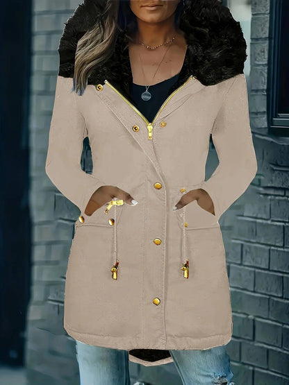 Zip-up Button Front Parka Coat, Thermal Long Sleeve Faux Fur Trim Hooded Drawstring Winter Coat, Women's Clothing SS69