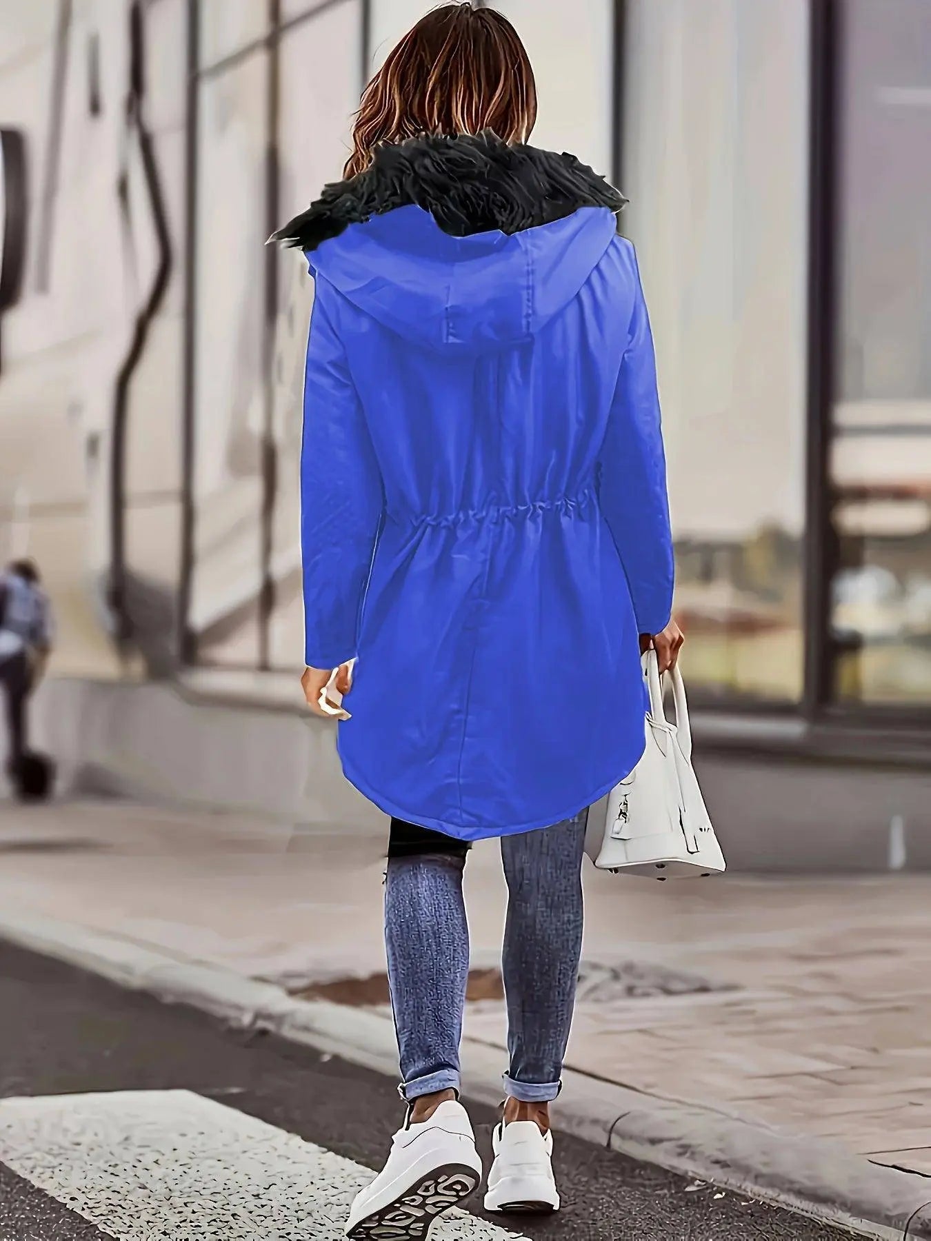 Zip-up Button Front Parka Coat, Thermal Long Sleeve Faux Fur Trim Hooded Drawstring Winter Coat, Women's Clothing SS69