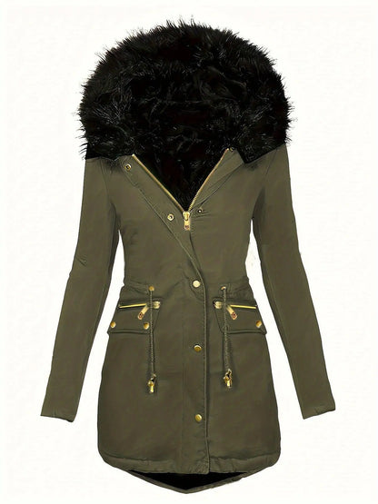 Zip-up Button Front Parka Coat, Thermal Long Sleeve Faux Fur Trim Hooded Drawstring Winter Coat, Women's Clothing SS69
