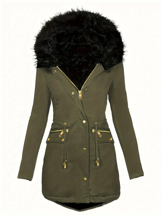 Zip-up Button Front Parka Coat, Thermal Long Sleeve Faux Fur Trim Hooded Drawstring Winter Coat, Women's Clothing SS69