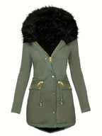 Zip-up Button Front Parka Coat, Thermal Long Sleeve Faux Fur Trim Hooded Drawstring Winter Coat, Women's Clothing SS69