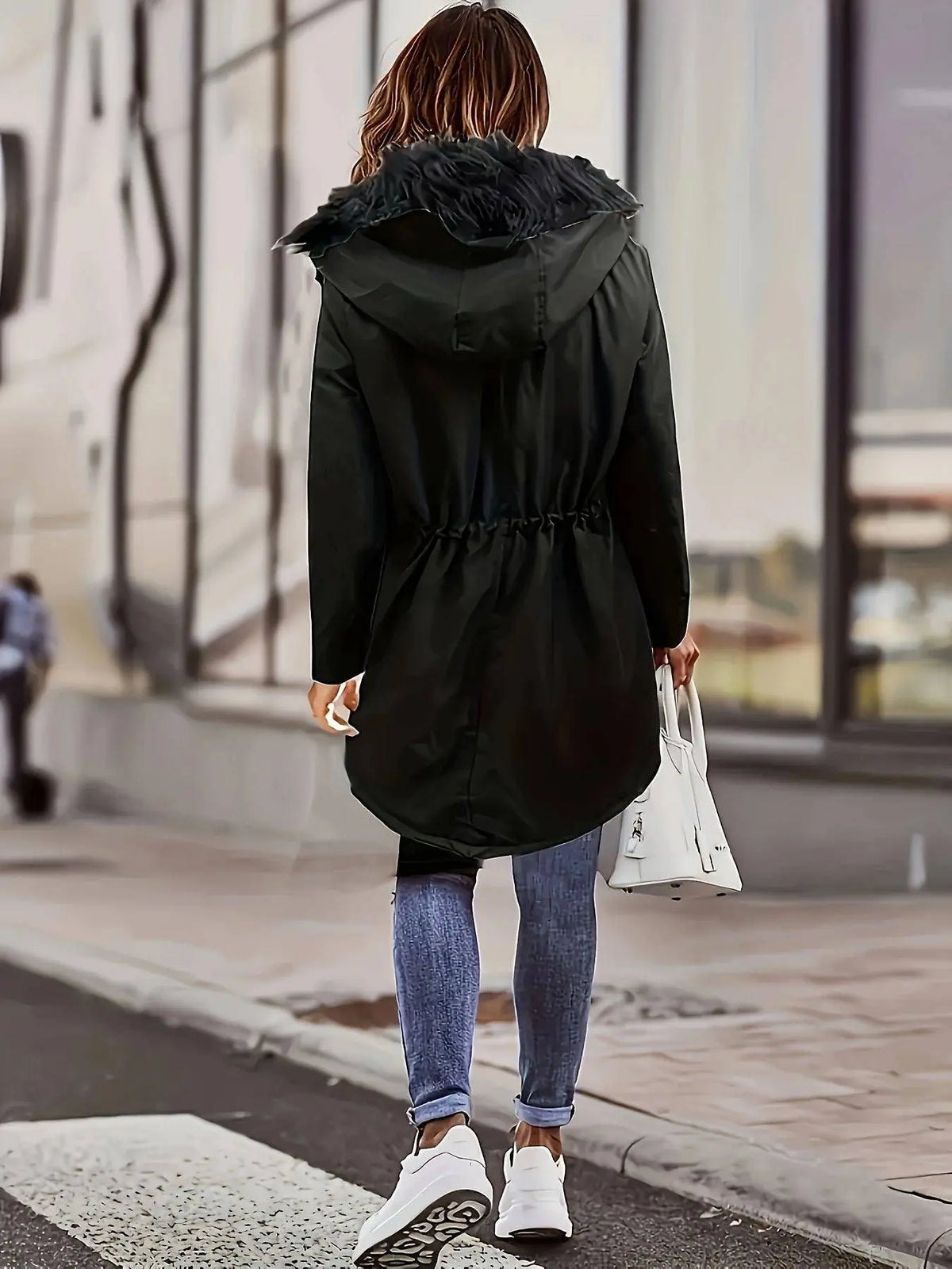 Zip-up Button Front Parka Coat, Thermal Long Sleeve Faux Fur Trim Hooded Drawstring Winter Coat, Women's Clothing SS69