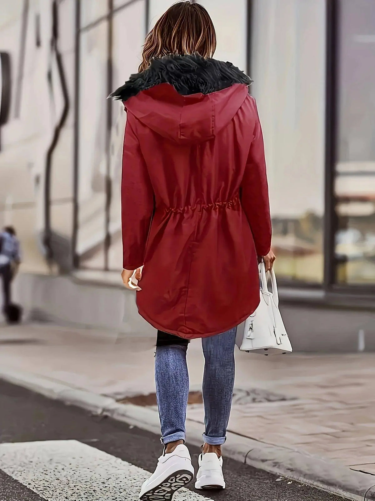 Zip-up Button Front Parka Coat, Thermal Long Sleeve Faux Fur Trim Hooded Drawstring Winter Coat, Women's Clothing SS69