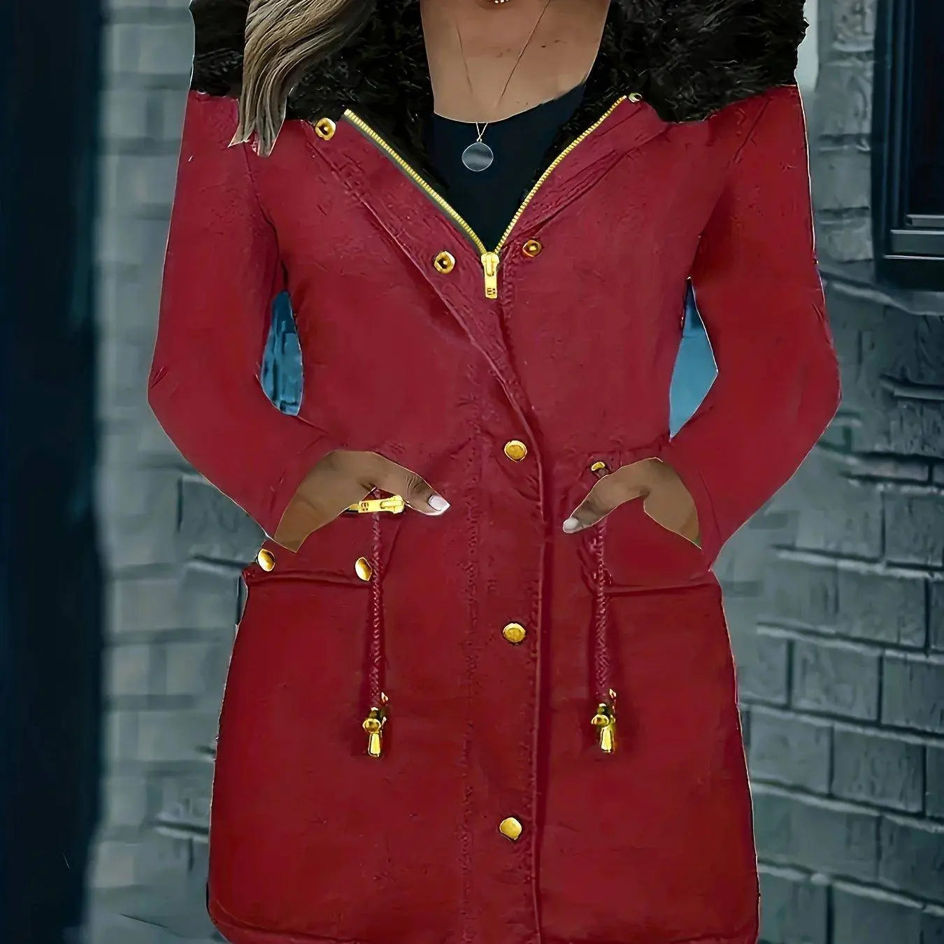 Zip-up Button Front Parka Coat, Thermal Long Sleeve Faux Fur Trim Hooded Drawstring Winter Coat, Women's Clothing SS69 60.69 【Red】 / XXL(50)