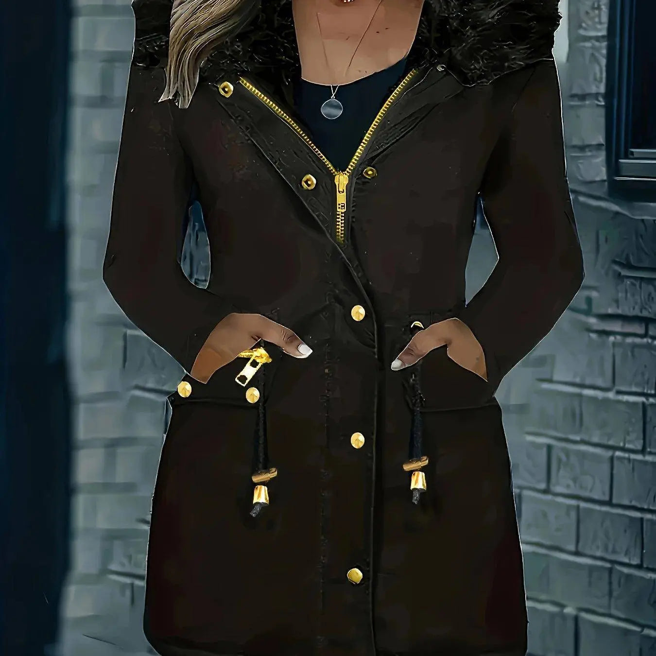 Zip-up Button Front Parka Coat, Thermal Long Sleeve Faux Fur Trim Hooded Drawstring Winter Coat, Women's Clothing SS69 52.69 Black / XXL(50)