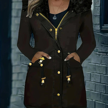 Zip-up Button Front Parka Coat, Thermal Long Sleeve Faux Fur Trim Hooded Drawstring Winter Coat, Women's Clothing SS69 52.69 Black / XXL(50)