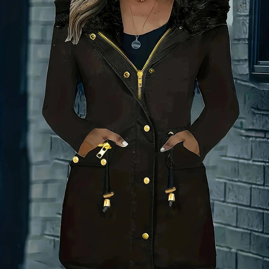 Zip-up Button Front Parka Coat, Thermal Long Sleeve Faux Fur Trim Hooded Drawstring Winter Coat, Women's Clothing SS69 52.69 Black / XXL(50)