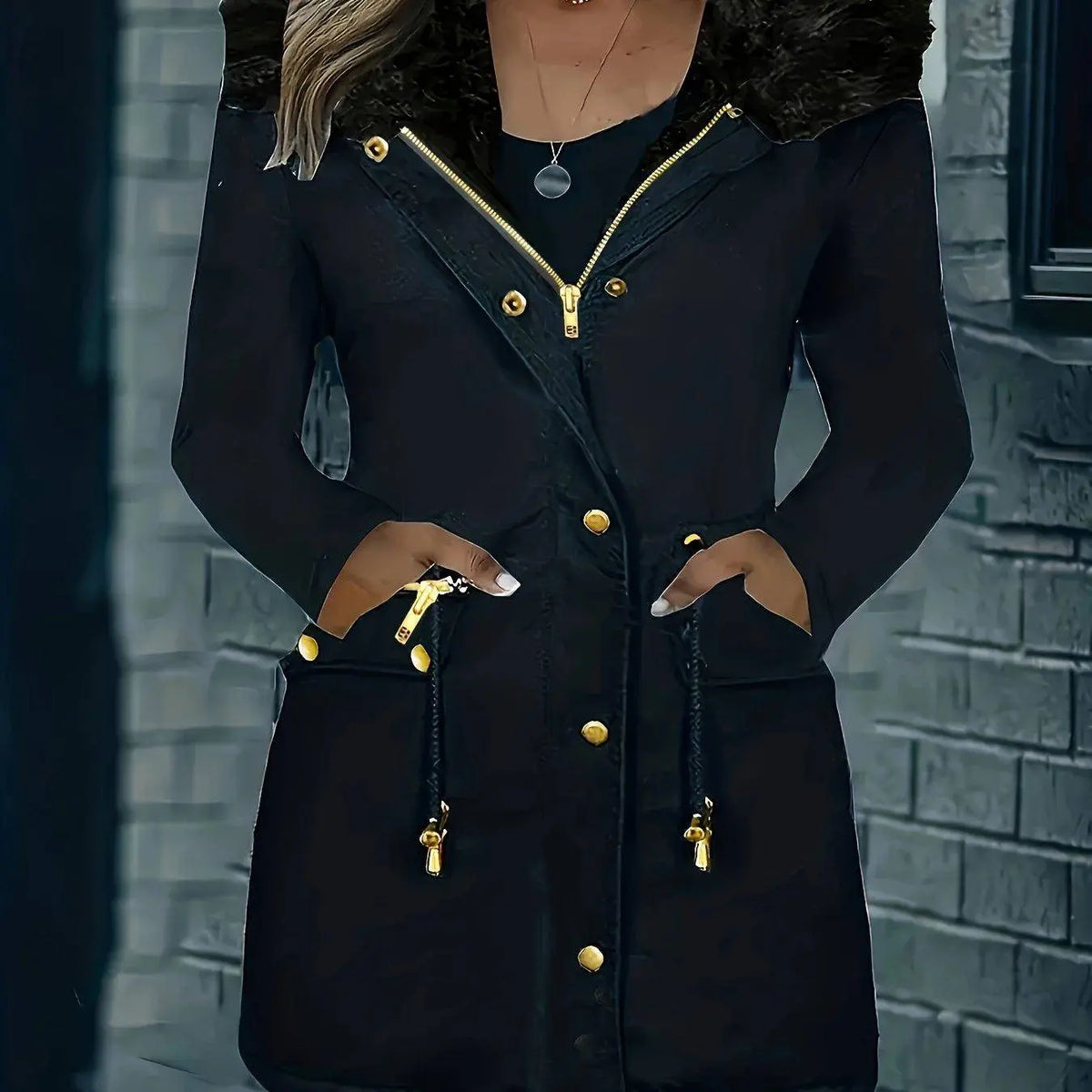 Zip-up Button Front Parka Coat, Thermal Long Sleeve Faux Fur Trim Hooded Drawstring Winter Coat, Women's Clothing SS69 52.69 Blue / XXL(50)