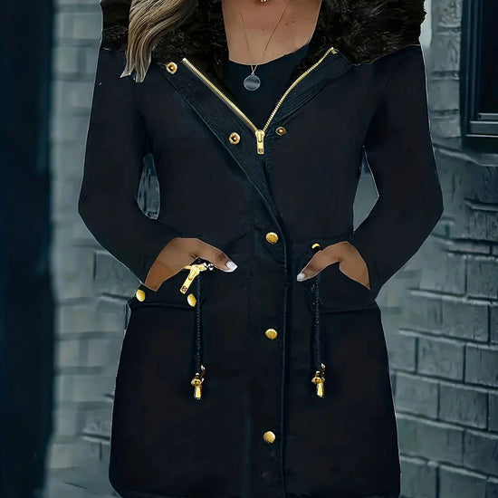 Zip-up Button Front Parka Coat, Thermal Long Sleeve Faux Fur Trim Hooded Drawstring Winter Coat, Women's Clothing SS69 52.69 Blue / XXL(50)