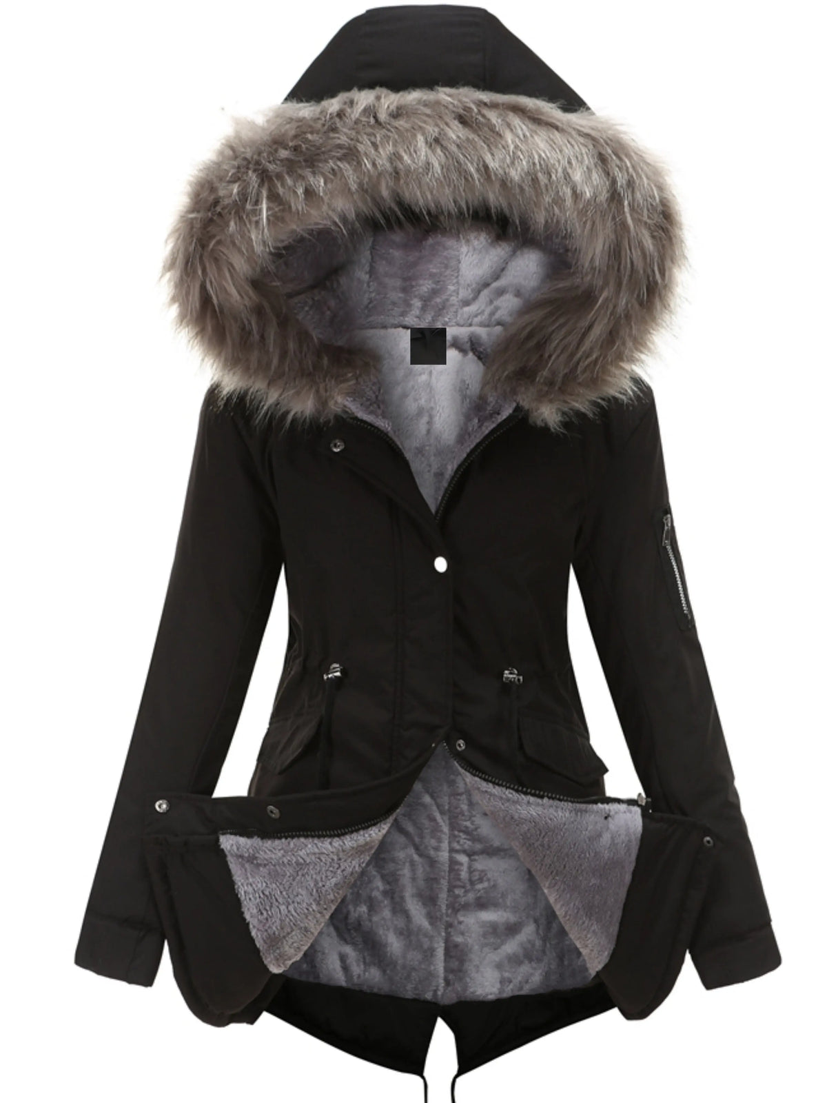 Zip-up Fuzzy Hoodie Parka Coat, Casual Thermal Long Sleeve Drawstring Waist Faux Fur Lined Warm Coat For Fall & Winter, Women's Clothing SS69