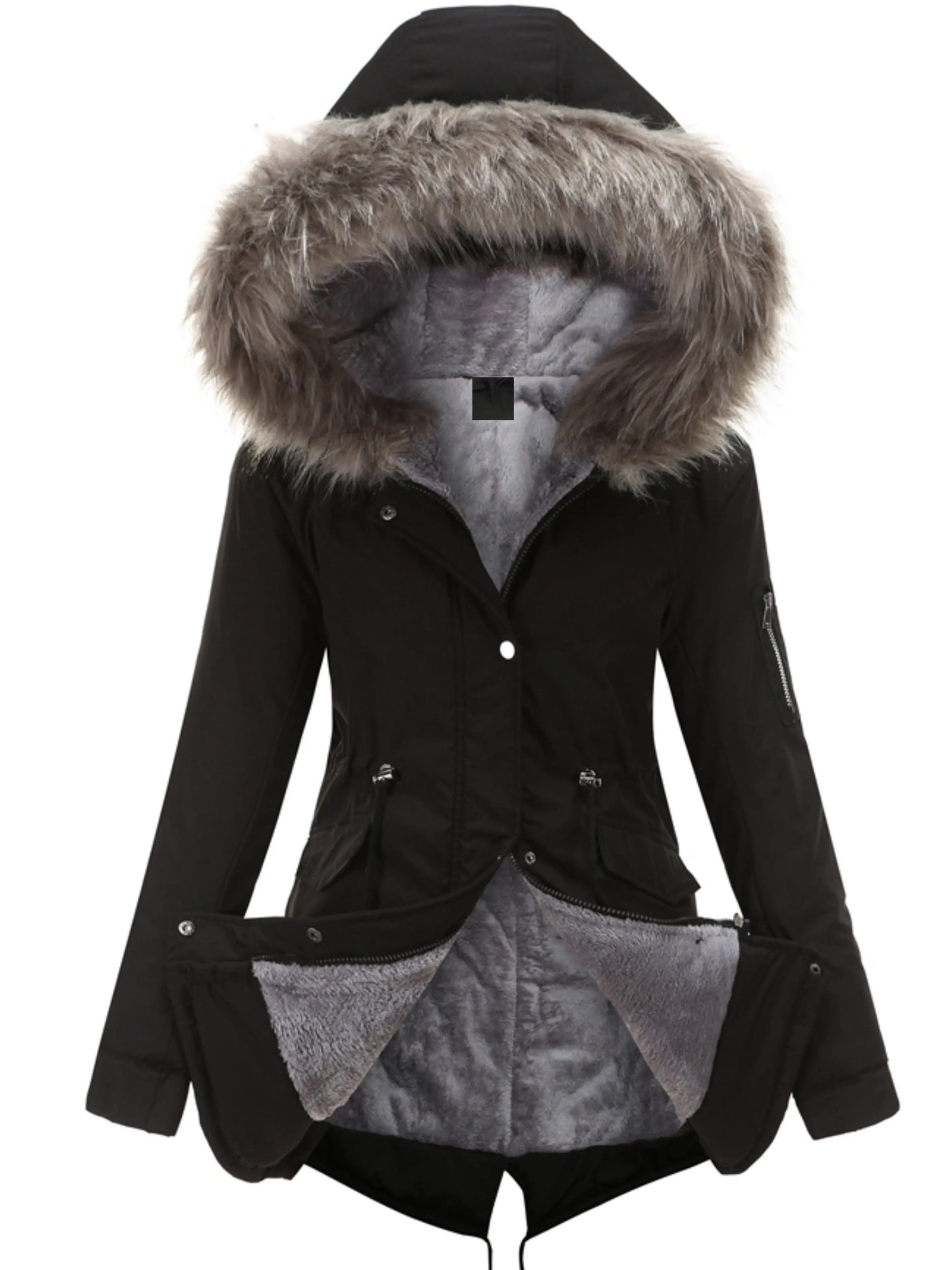 Zip-up Fuzzy Hoodie Parka Coat, Casual Thermal Long Sleeve Drawstring Waist Faux Fur Lined Warm Coat For Fall & Winter, Women's Clothing SS69