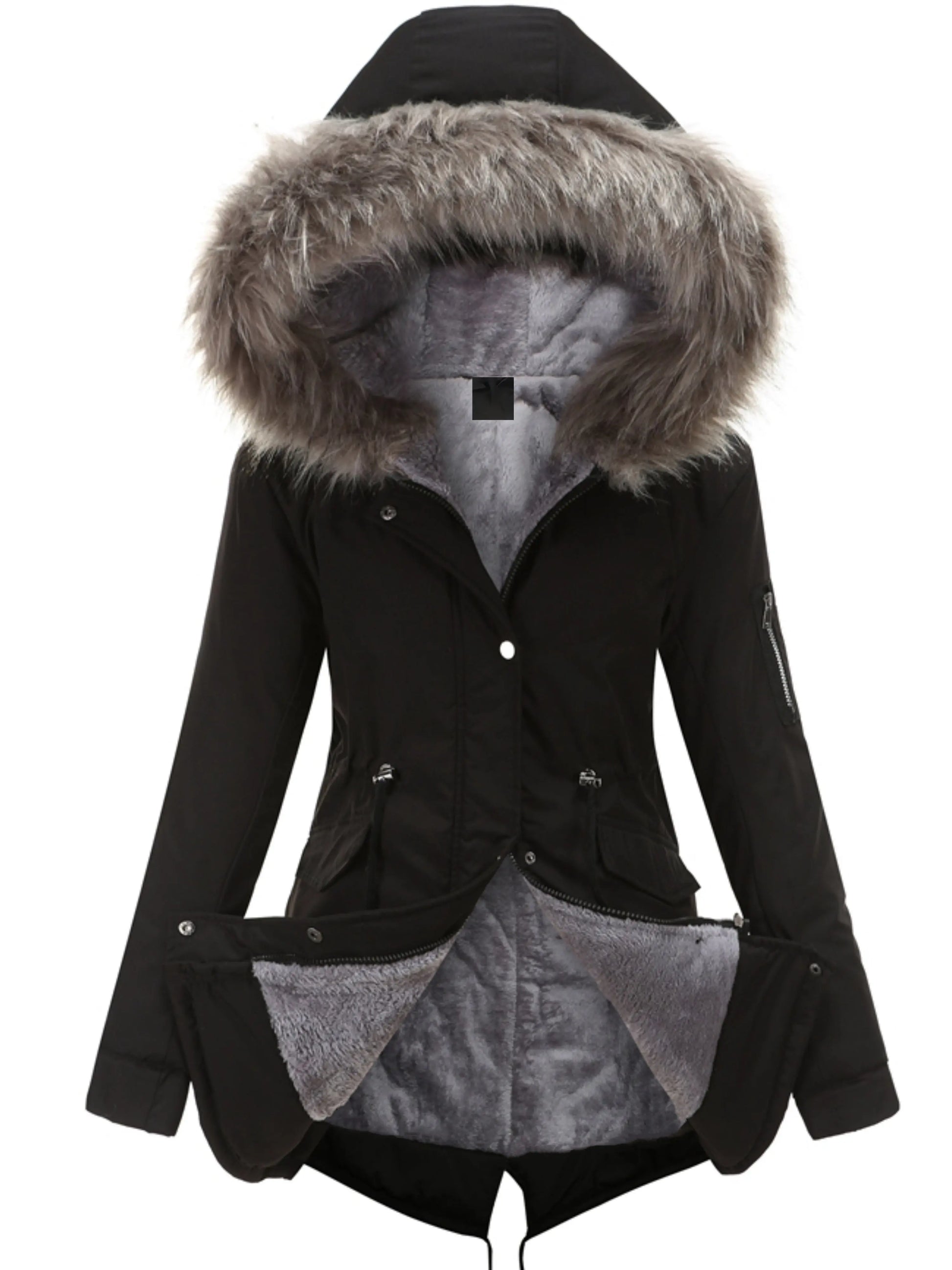 Zip-up Fuzzy Hoodie Parka Coat, Casual Thermal Long Sleeve Drawstring Waist Faux Fur Lined Warm Coat For Fall & Winter, Women's Clothing SS69