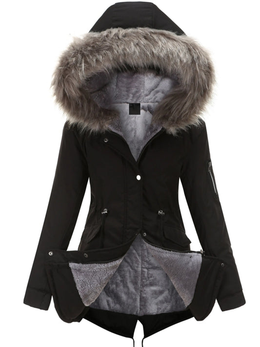 Zip-up Fuzzy Hoodie Parka Coat, Casual Thermal Long Sleeve Drawstring Waist Faux Fur Lined Warm Coat For Fall & Winter, Women's Clothing SS69