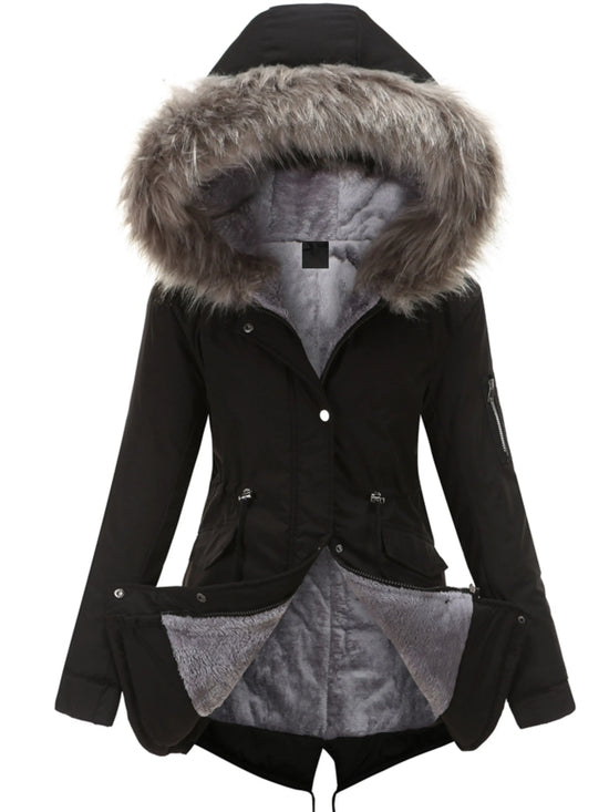 Zip-up Fuzzy Hoodie Parka Coat, Casual Thermal Long Sleeve Drawstring Waist Faux Fur Lined Warm Coat For Fall & Winter, Women's Clothing SS69