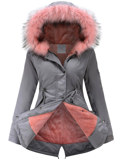 Zip-up Fuzzy Hoodie Parka Coat, Casual Thermal Long Sleeve Drawstring Waist Faux Fur Lined Warm Coat For Fall & Winter, Women's Clothing SS69