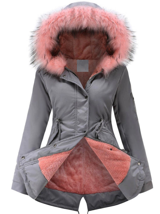 Zip-up Fuzzy Hoodie Parka Coat, Casual Thermal Long Sleeve Drawstring Waist Faux Fur Lined Warm Coat For Fall & Winter, Women's Clothing SS69