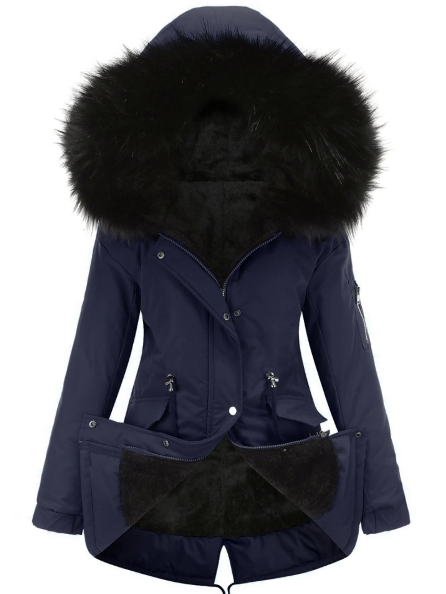 Zip-up Fuzzy Hoodie Parka Coat, Casual Thermal Long Sleeve Drawstring Waist Faux Fur Lined Warm Coat For Fall & Winter, Women's Clothing SS69