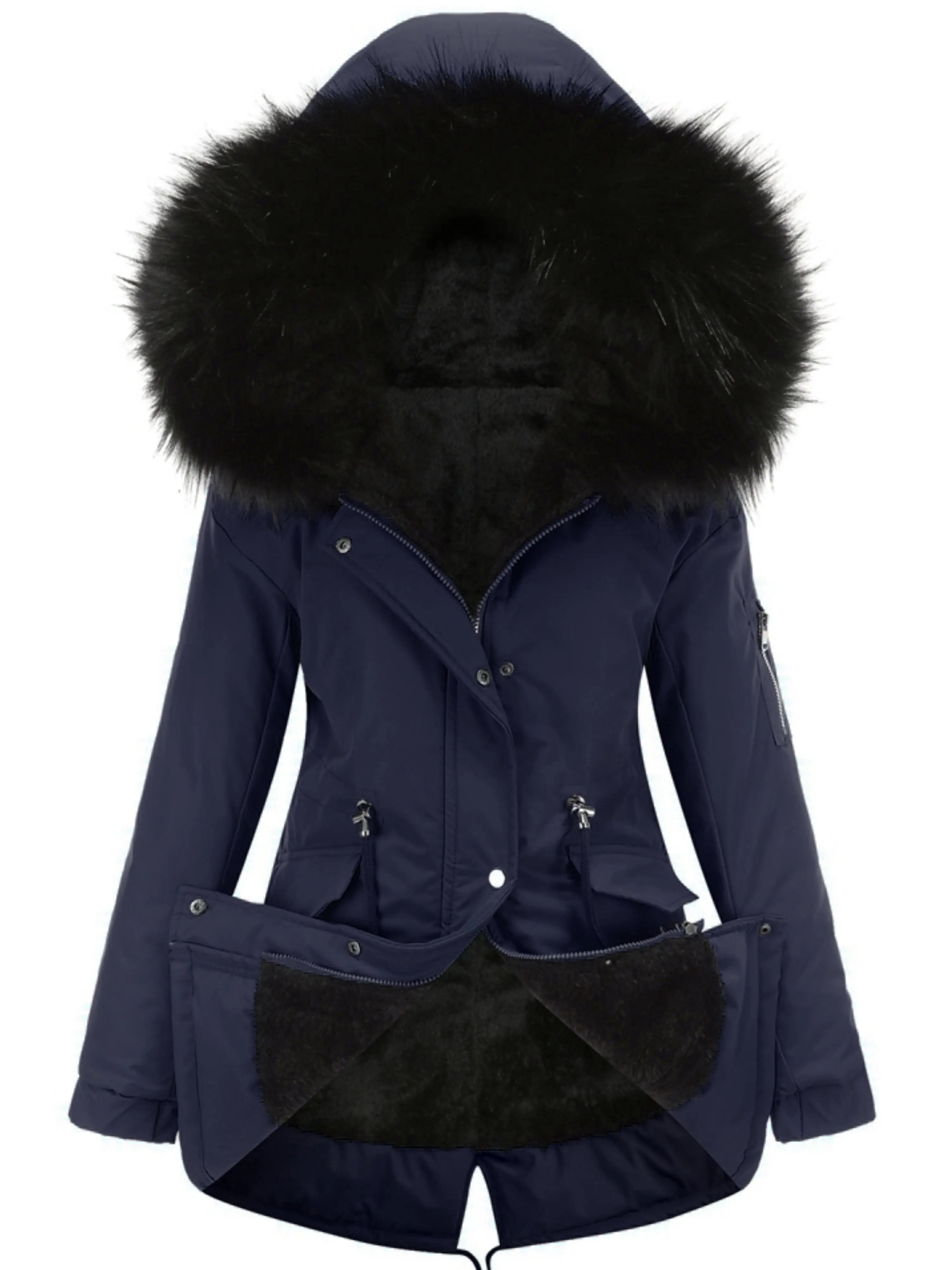 Zip-up Fuzzy Hoodie Parka Coat, Casual Thermal Long Sleeve Drawstring Waist Faux Fur Lined Warm Coat For Fall & Winter, Women's Clothing SS69