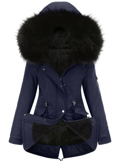 Zip-up Fuzzy Hoodie Parka Coat, Casual Thermal Long Sleeve Drawstring Waist Faux Fur Lined Warm Coat For Fall & Winter, Women's Clothing SS69