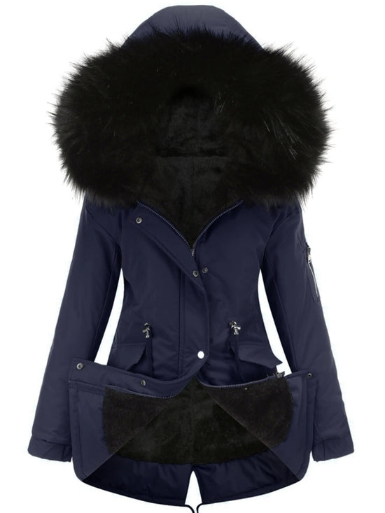 Zip-up Fuzzy Hoodie Parka Coat, Casual Thermal Long Sleeve Drawstring Waist Faux Fur Lined Warm Coat For Fall & Winter, Women's Clothing SS69