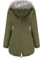 Zip-up Fuzzy Hoodie Parka Coat, Casual Thermal Long Sleeve Drawstring Waist Faux Fur Lined Warm Coat For Fall & Winter, Women's Clothing SS69